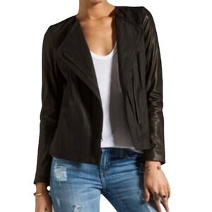 Vince Leather Sleeve Linen Moto Jacket Black Size 2